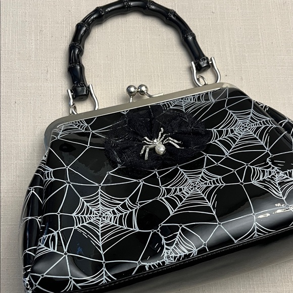 Banned Retro Handbags - Black Spiderweb Patent Killian Handbag